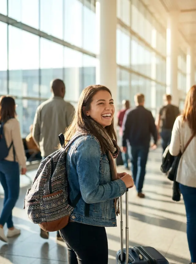 Yurt dışı eğitim yolculuğuna çıkan heyecanlı öğrenci